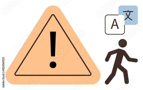 Exclamation mark inside warning triangle, language translation icons, walking person. Ideal for caution, translation errors, communication barriers, global navigation, multilingual safety