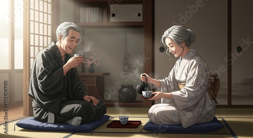 Serene Tea Ceremony: An Elderly Japanese Couple's Ritual