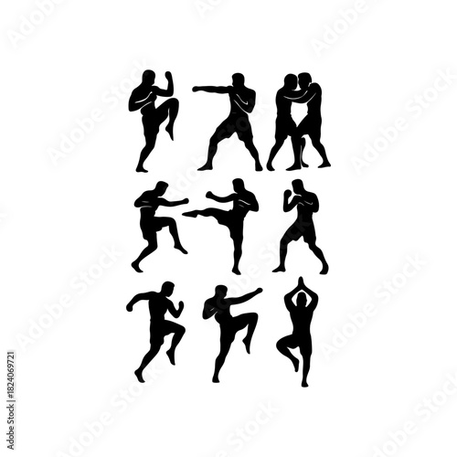 Silhouettes of martial arts fighters in dynamic poses