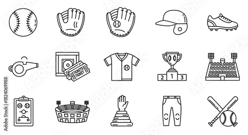 Baseball sport equipment and game icons set