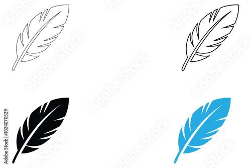feather icon vector set, feather sign symbol, birds and pigeon feather icon vector, silhouette and line art