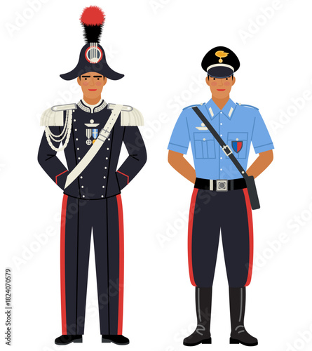 young man in the uniform of an Italian police officer, a carabiniere, on white background. young people dressed as Italian law enforcement officers. stock vector illustration. EPS 10.