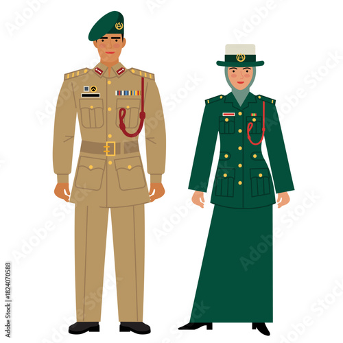 girl and young man in an UAE police uniform on a white background. male and female versions of the UAE police uniform. stock vector illustration. EPS 10.