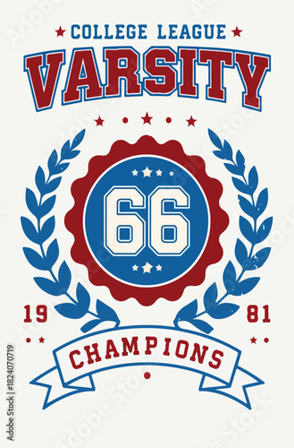 College League Varsity 66 emblem with laurel wreath, champion banner, and retro sports typography