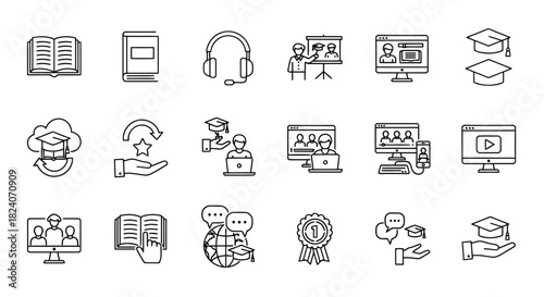 Online education and elearning line icons set, white