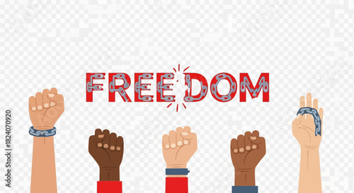 Diverse fists raised beneath the word freedom symbolizing equality liberation struggle and social