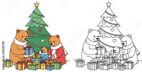 Cute bear family opening Christmas gifts under tree Vector cartoon illustration of animals with presents Isolated color and black and white outline version for coloring book page.