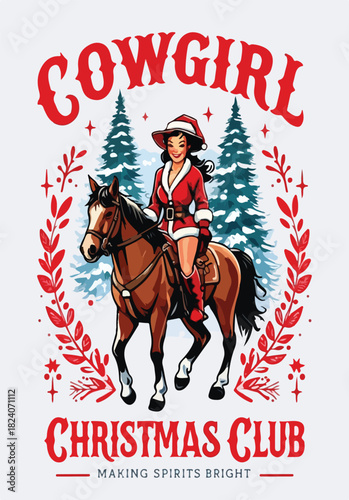 Cowgirl Christmas Club illustration with Santa outfit, horse, trees, stars, and holiday cheer
