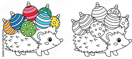 Cute hedgehog carrying Christmas balls on bristles Vector cartoon illustration of animal with ornaments Isolated color and black and white outline version for coloring book page.