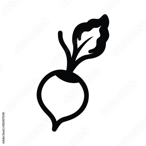 A simple black and white illustration of a radish with a leaf.