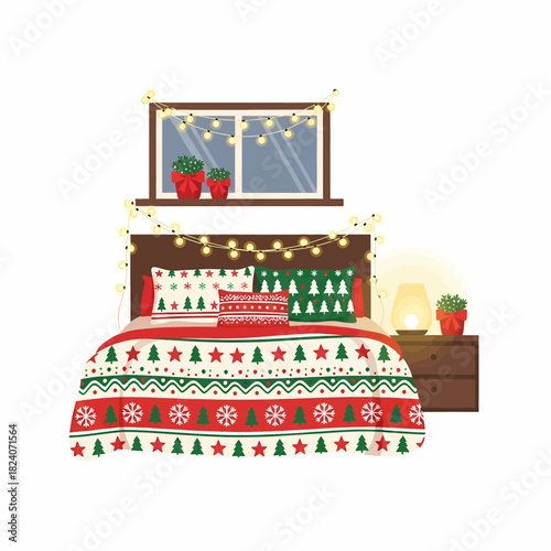 Vector illustration of a cozy bedroom decorated for Christmas, featuring festive bedding, string lights, and a nightstand