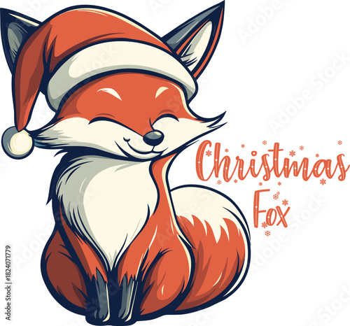 Christmas Fox design on white background, flat illustration of fox with christmas hat
