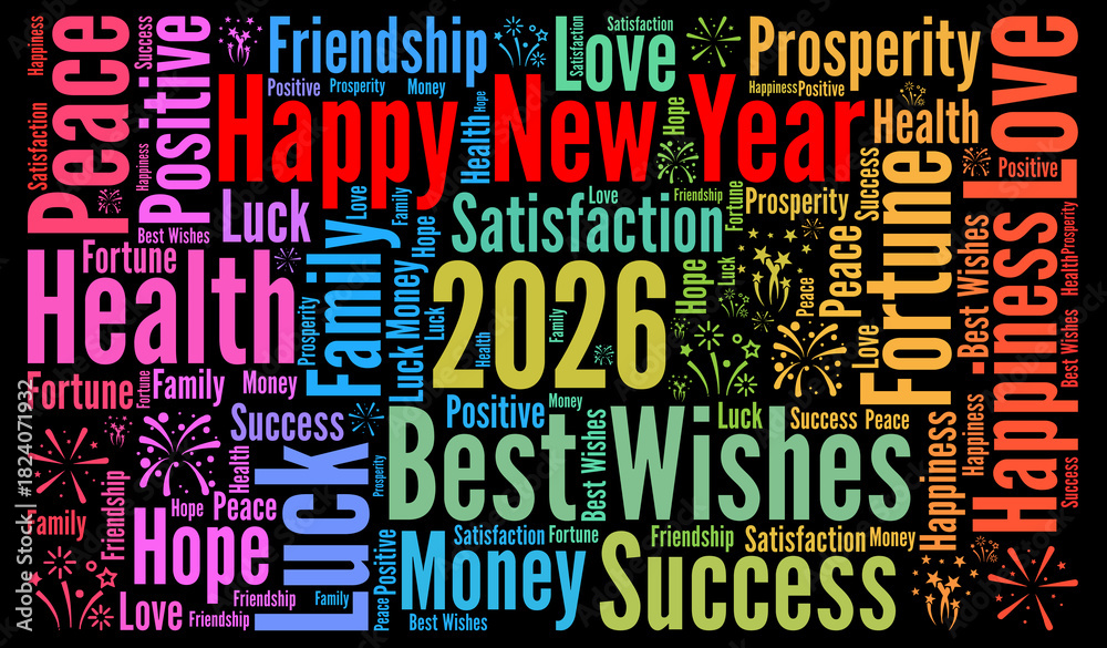 Naklejka premium Happy New Year 2026 word cloud 