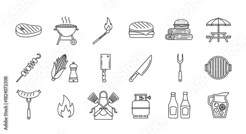 Bbq and grill cooking tools line icons set