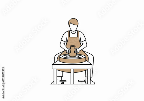 Line art icon of a person making pottery. Potter at a wheel shaping a clay pot. Handmade craft and hobby concept graphic