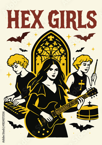 Hex Girls gothic band illustration with stained glass, bats, and supernatural rock concert vibe
