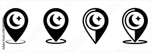 Find mosques and Islamic centers easily with these location pin icons featuring crescent moon and star, perfect for apps and websites during Ramadan.