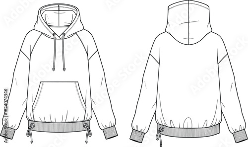 hoodie flat sketch front and back, technical apparel drawing template, vector clothing design mockup with drawstring hem, fashion outline illustration