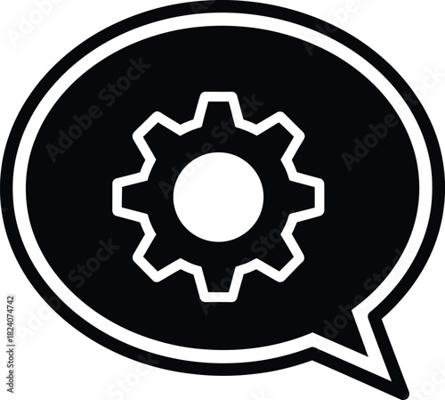 Black and white icon of a speech bubble containing a white gear symbol representing settings or configuration