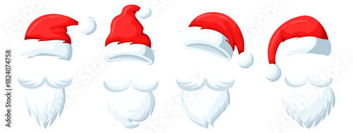 A vector cartoon image of Santa Claus's red hat, cap, and beard. An element for your design to create a festive mood for Christmas and New Year.
