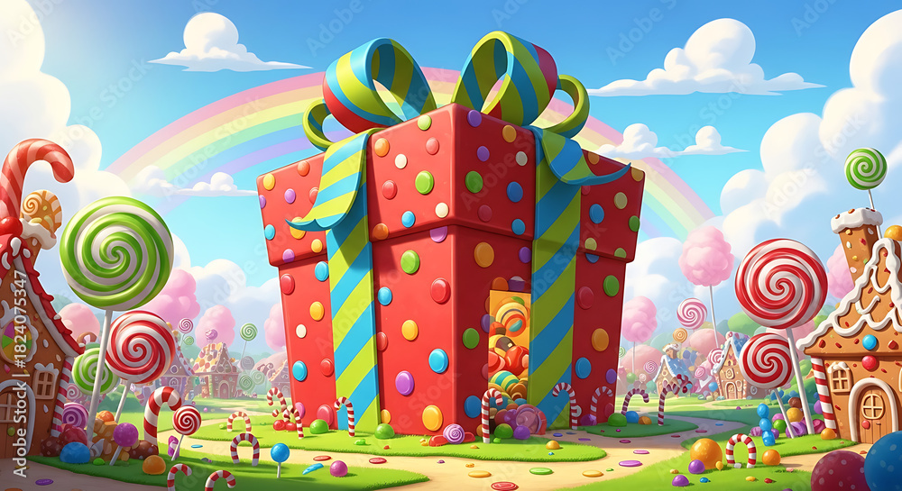 Fototapeta premium Giant colorful gift box with ribbon and candies in a whimsical land.