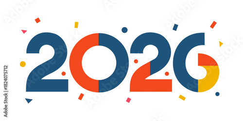 Colorful modern 2026 typography design with geometric shapes and festive confetti elements. Perfect for New Year celebration, event promotion, greeting cards, calendars, party invitations, and holiday