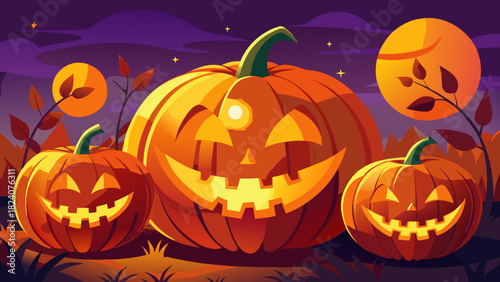 Halloween night with glowing pumpkins