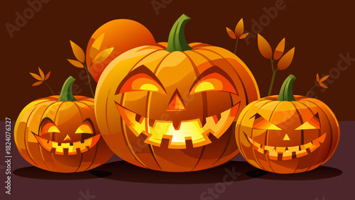 Three glowing halloween pumpkins