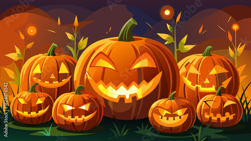 Group of glowing halloween pumpkins