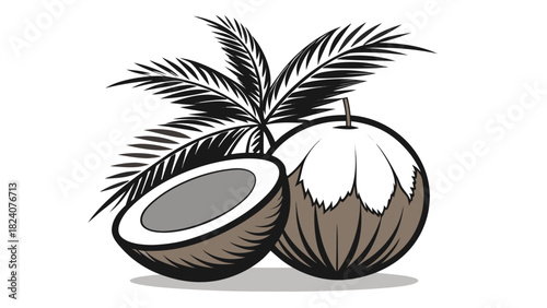 Tropical coconut fruit with palm leaf