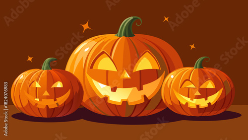 Three glowing halloween jackolanterns