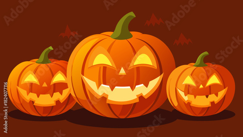 Three glowing halloween jackolanterns
