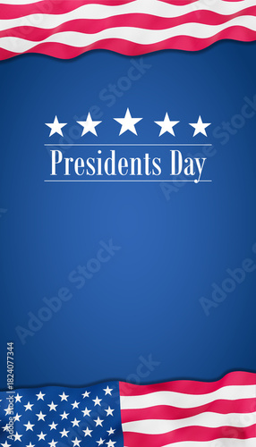 Wavy United States flags framing a blue background with Presidents Day header and copy space for addition of own content. Vertical banner template