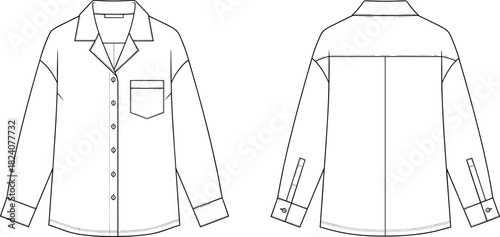 Long sleeve button shirt fashion technical flat sketch with front and back view, collar, pocket detail, sewing design illustration template