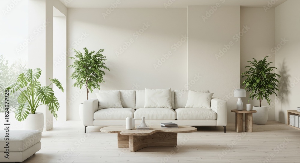 Fototapeta premium Minimalist Modern Living Room Interior with White Sofa and Green Plants