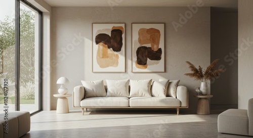 Minimalist Luxury Living Room with Neutral Tones and Garden View