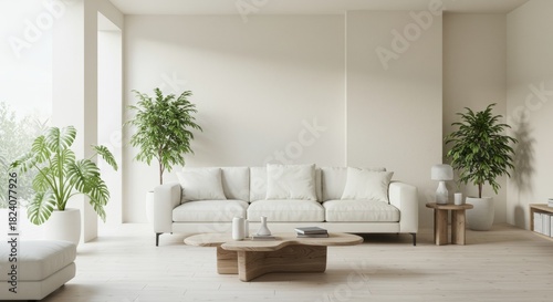 Minimalist Modern Living Room Interior with White Sofa and Green Plants