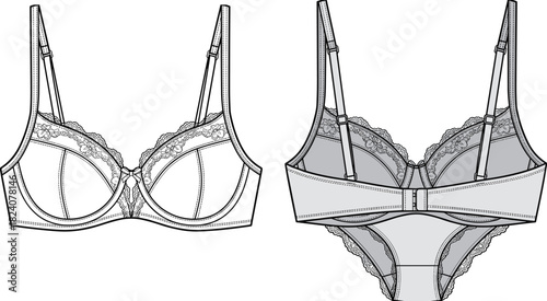Lingerie set technical sketch, bra and panty design, front and back view, lace detail, fashion cad drawing flat vector illustration