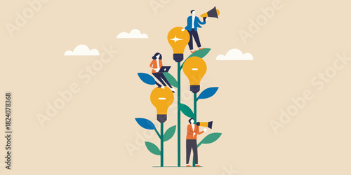 Teamwork and innovation grow ideas like a plant