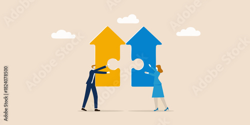 Business partners fitting puzzle pieces together to form upward arrows