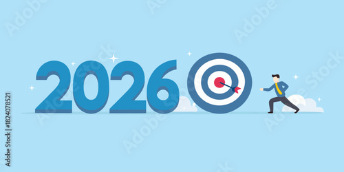Businessman aims for success in the year 2026 with a bullseye target
