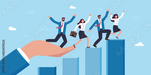 Business team ascending steps supported by a helping hand