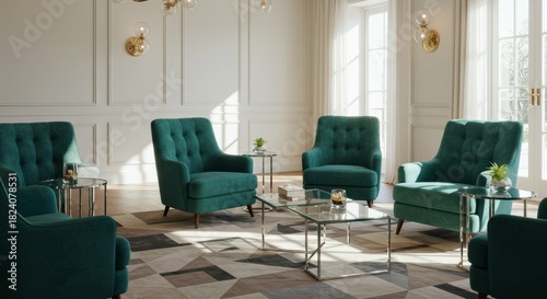 Elegant Modern Teal Armchairs in a Bright Contemporary Living Space