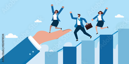 Business professionals achieve success with helping hand and upward graph