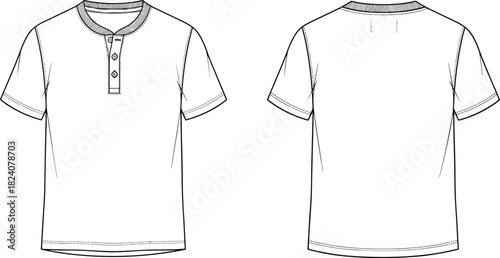 Short sleeve henley t-shirt technical flat sketch front and back, casual apparel design template for fashion industry, vector illustration