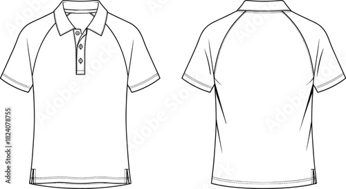 Short sleeve polo shirt technical flat sketch front and back, raglan sleeve apparel design template for fashion industry, vector illustration