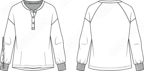 Technical flat sketch long sleeve Henley shirt front and back view, fashion illustration, apparel design template vector drawing outline style