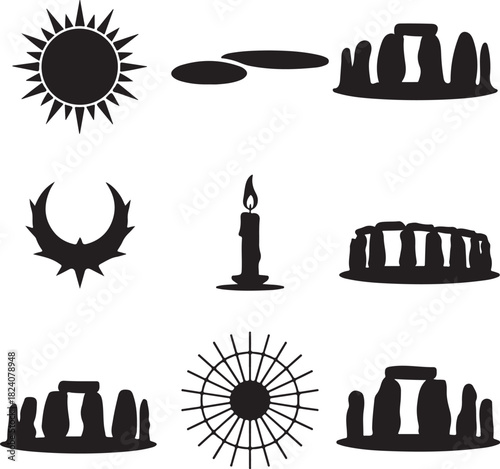 Stonehenge icons, ancient landmark, sun rays, eclipse moon, mystery stones, historical monument