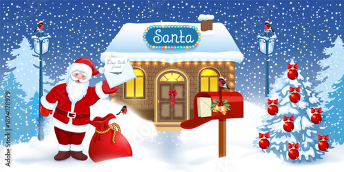 Christmas card with Santa Claus with envelope and red mailbox  and Santa's workshop against winter forest background.