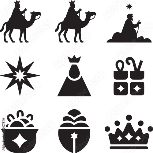 Nativity icons, three wise men, christmas king, camel ride, gift box, star
